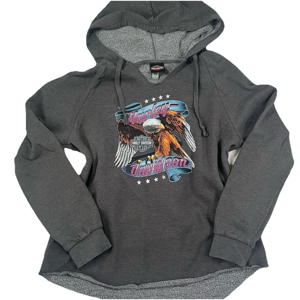 Harley-Davidson Hoodie Womens Large‎ Gray Pullover Eagle Graphic Fleece Biker